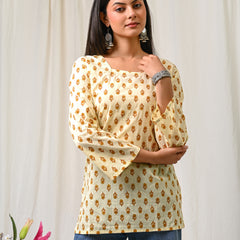 Women Cream Mustard Printed Cotton Short Kurti - View 6
