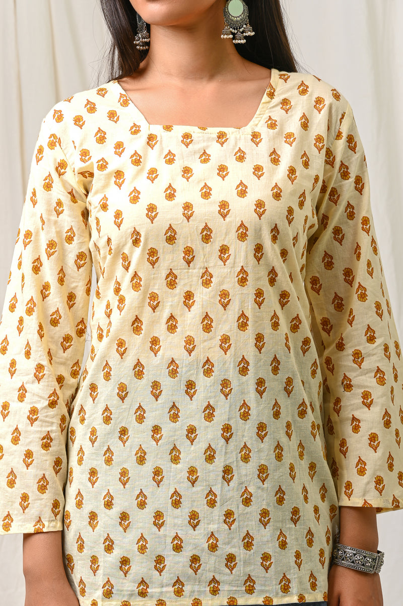 Women Cream Mustard Printed Cotton Short Kurti - View 7