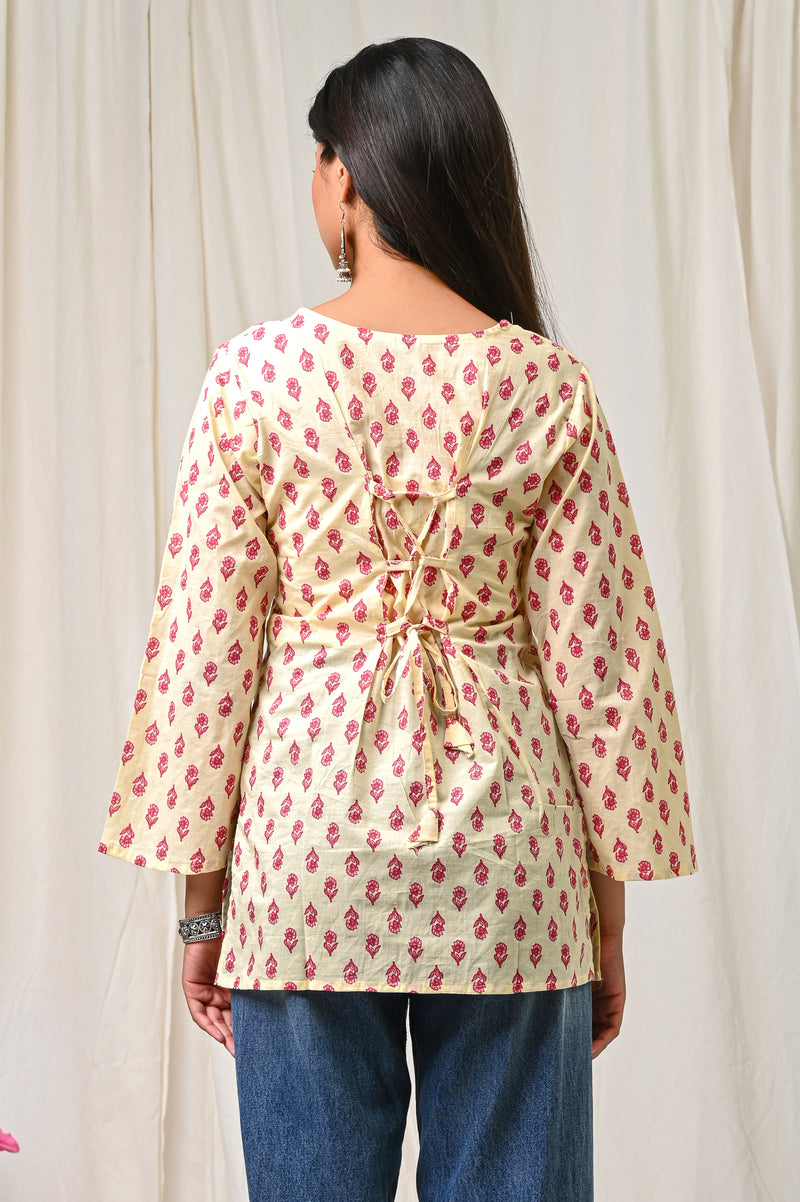 Women Cream Pink Printed Cotton Short Kurti - Side / Back View