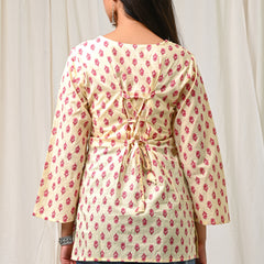 Women Cream Pink Printed Cotton Short Kurti - Side / Back View