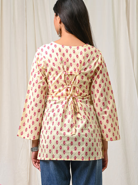 Women Cream Pink Printed Cotton Short Kurti - Side / Back View