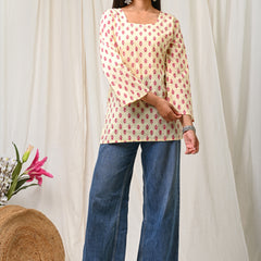 Women Cream Pink Printed Cotton Short Kurti - Detail View