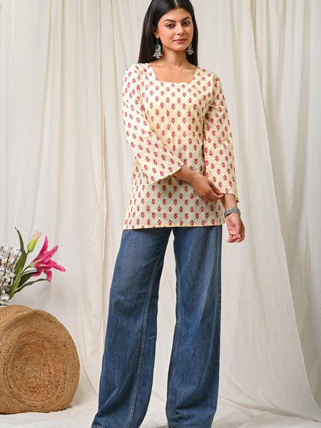 Women Cream Pink Printed Cotton Short Kurti - Detail View