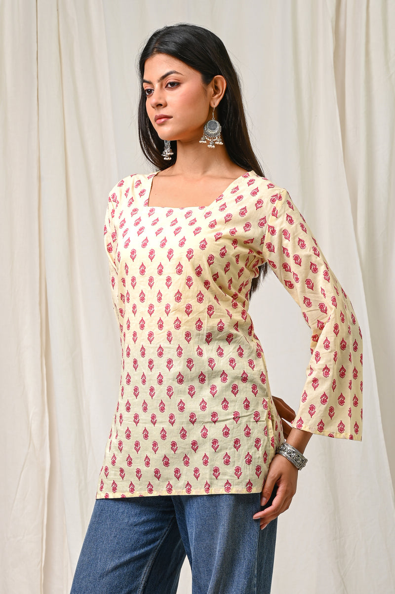 Women Cream Pink Printed Cotton Short Kurti - Full Length View