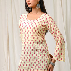 Women Cream Pink Printed Cotton Short Kurti - Full Length View