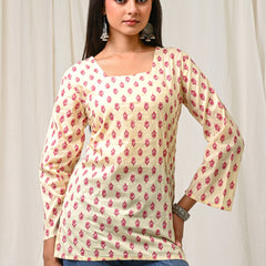 Women Cream Pink Printed Cotton Short Kurti - View 6