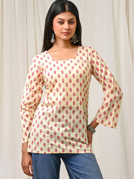 Women Cream Pink Printed Cotton Short Kurti - View 6