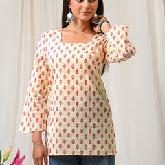 Women Cream Pink Printed Cotton Short Kurti - View 7