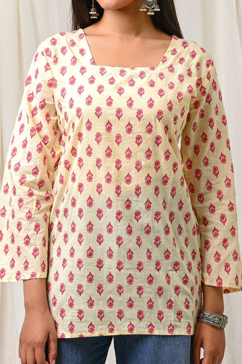 Women Cream Pink Printed Cotton Short Kurti - View 8