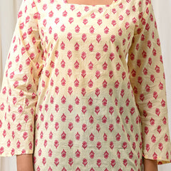Women Cream Pink Printed Cotton Short Kurti - View 8