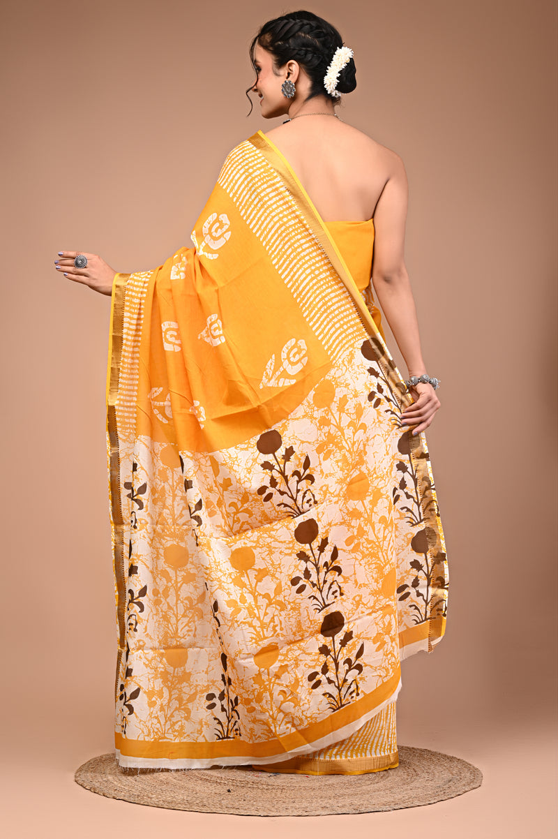 Yellow Pure Cotton Maheswari Border Printed Saree