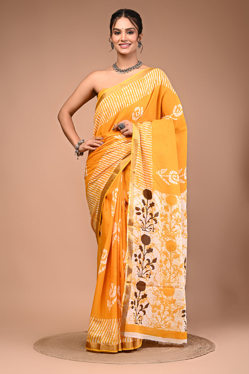 Yellow Pure Cotton Maheswari Border Printed Saree