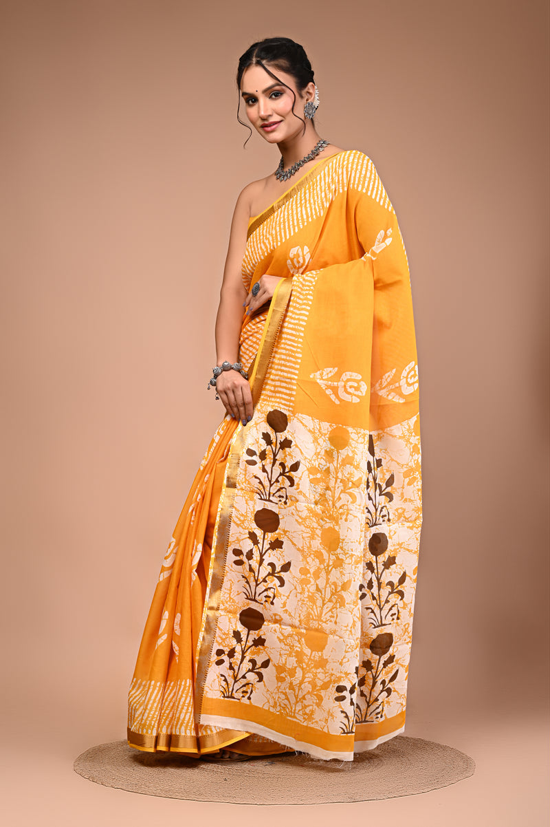 Yellow Pure Cotton Maheswari Border Printed Saree