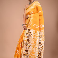 Yellow Pure Cotton Maheswari Border Printed Saree